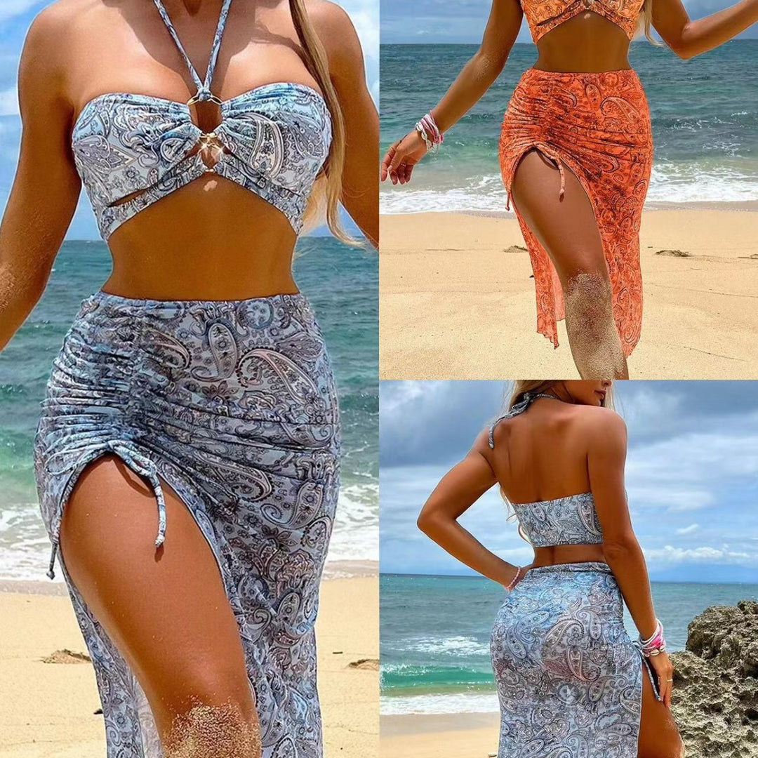 Damen Bikini-Set mit floralem Bandeau-Oberteil und hoch taillierter Rockpartie Echo Archiv