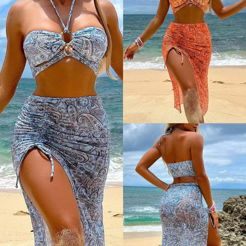 Damen Bikini-Set mit floralem Bandeau-Oberteil und hoch taillierter Rockpartie Echo Archiv