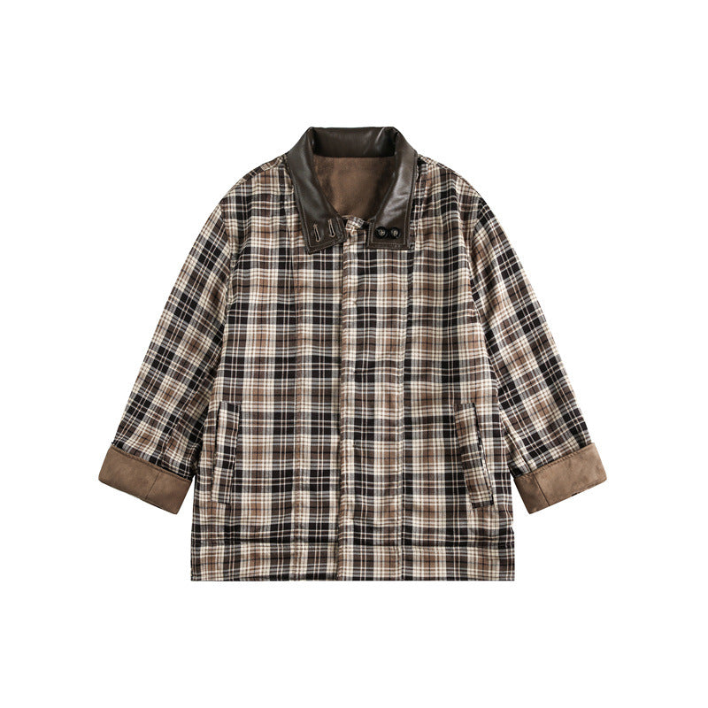 Herren Kurz geschnittener Fieldblouson im Vintage‑Workwear‑Stil mit Lederimitat‑Stehkragen und karierter Innenfütterung Echoarchiv