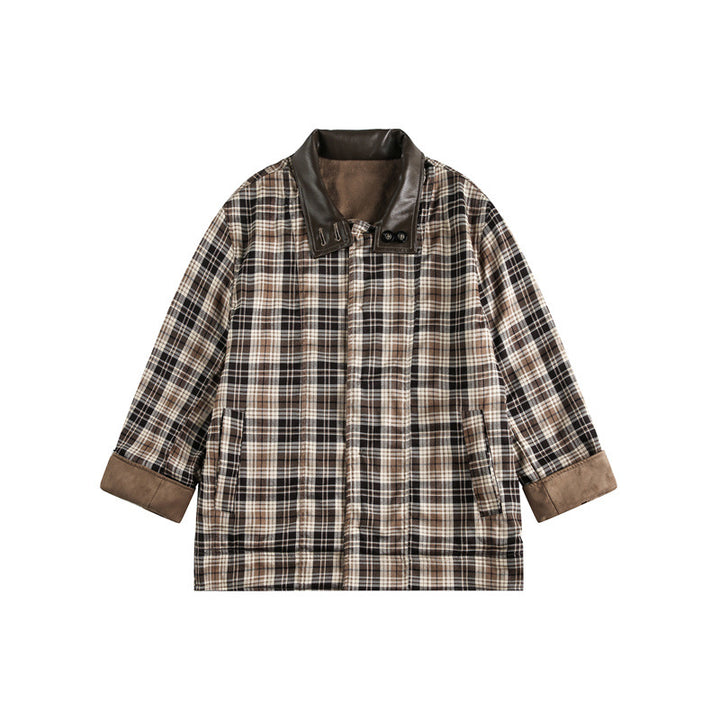 Herren Kurz geschnittener Fieldblouson im Vintage‑Workwear‑Stil mit Lederimitat‑Stehkragen und karierter Innenfütterung Echoarchiv