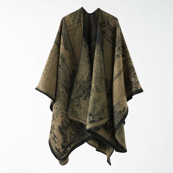 Damen Oversize-Ruana im kastigen Cape mit jacquardgewebter Struktur und weicher Wollmix – Célinea