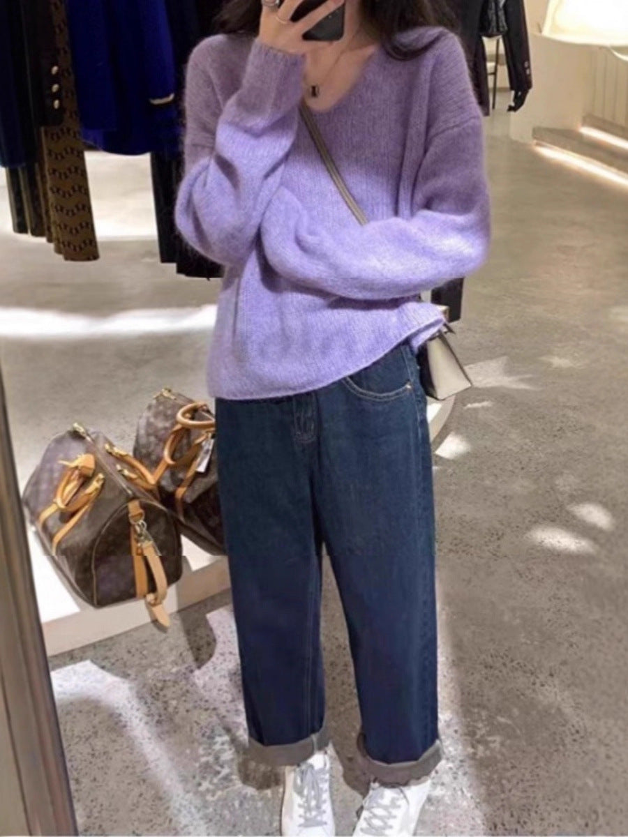 Damen Oversize V‑Ausschnitt Mohair‑Look Pullover mit Angora‑Optik und überschnittener Schulter Echoarchiv