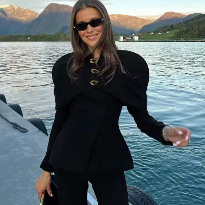 Damen Kurzer Taillierter Blazer mit Cape-Überwurf und Stehkragen Echoarchiv