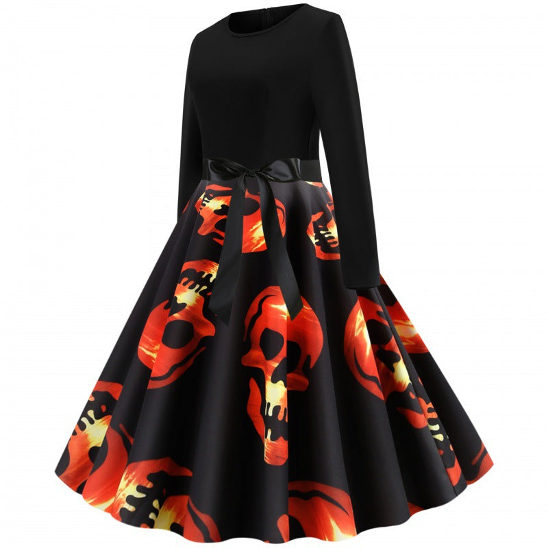 Damen Vintage Swing-Kleid mit tailliertem Oberteil, Tellerrock und großflächigem Totenkopf-Print – Élara