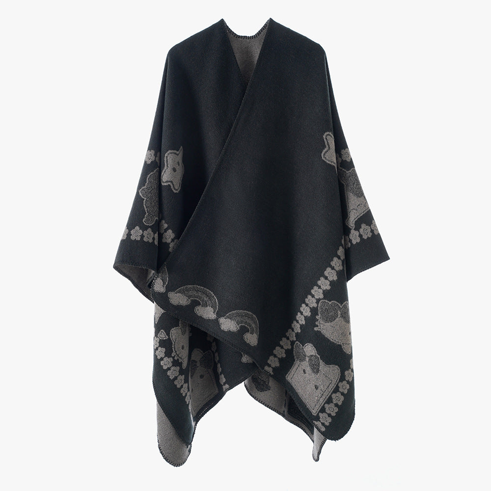 Damen Oversize-Poncho mit Jacquard‑Tiermotiv und asymmetrischem Zipfelsaum Echo Archiv