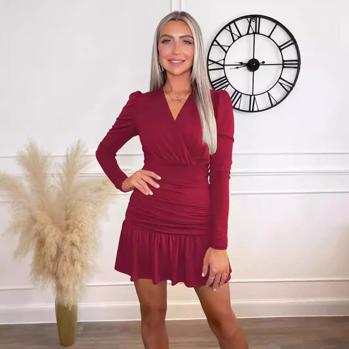 Damen Figurumspielendes Wickelkleid mit langen Ärmeln und Rüschensaum Echo Archiv