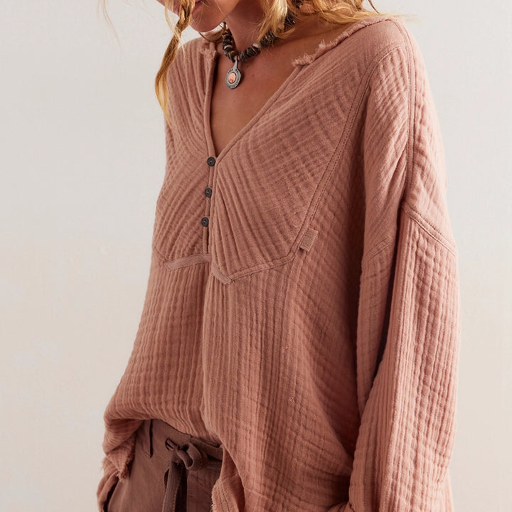 Damen Leichte Baumwoll-Gauze Bluse mit Henley-Ausschnitt – Avérine