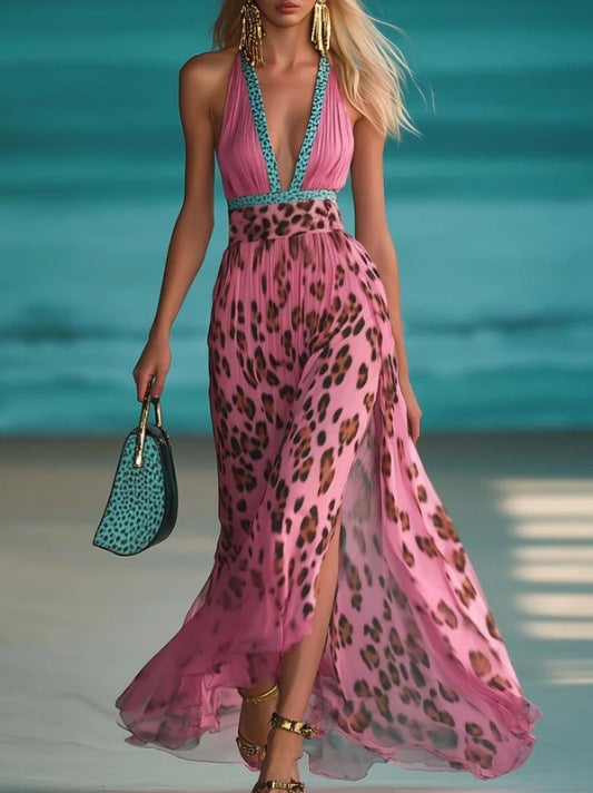 Damen nan Maxikleid mit tiefem V-Ausschnitt, geflochtenem Halter, Leopardenprint, plissiertem Chiffonrock und seitlichem Beinschlitz Echo Archiv