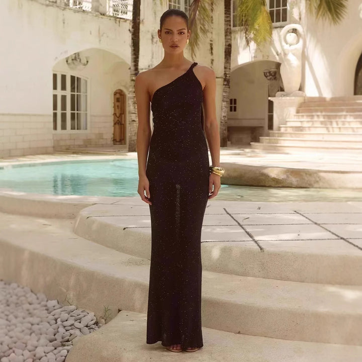 Damen Elegantes Maxikleid mit asymmetrischem Träger und schimmernden Akzenten Echo Archiv