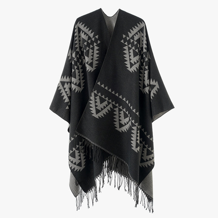 Damen Grobgewebter Jacquard-Umhang im Oversize mit Zipfelsaum und Fransensaum Echo Archiv