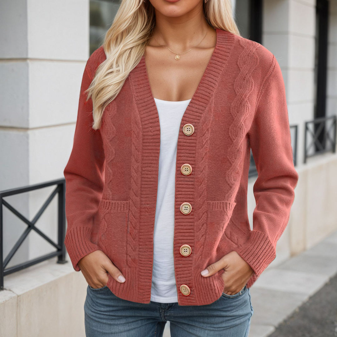 Damen nan längerer Strickcardigan mit Kabelstruktur, V-Ausschnitt und Holzknopfleiste Echo Archiv