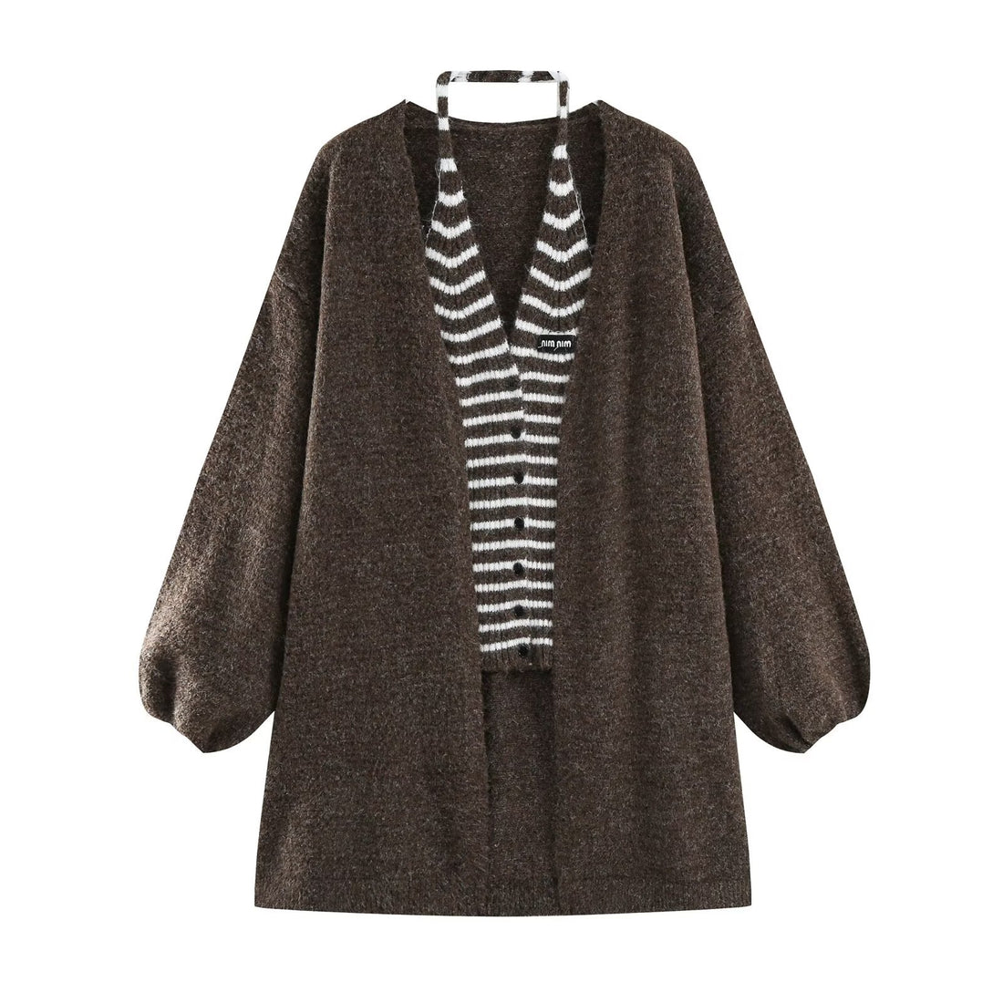 Damen Oversize Strickcardigan mit Ballonärmeln und gestreifter Einfass-Knopfleiste Echoarchiv