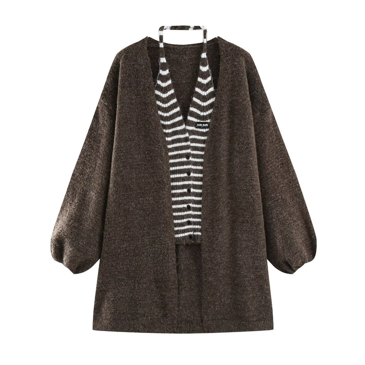 Damen Oversize Strickcardigan mit Ballonärmeln und gestreifter Einfass-Knopfleiste Echoarchiv