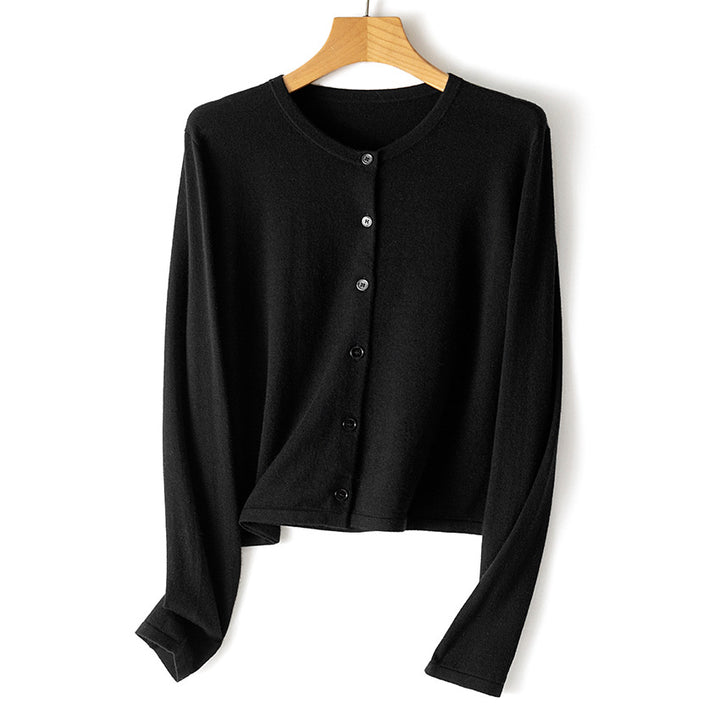 Damen leichte kurz geschnittene Feinstrick-Cardigan mit Rundhalsausschnitt und Knopfleiste Echoarchiv