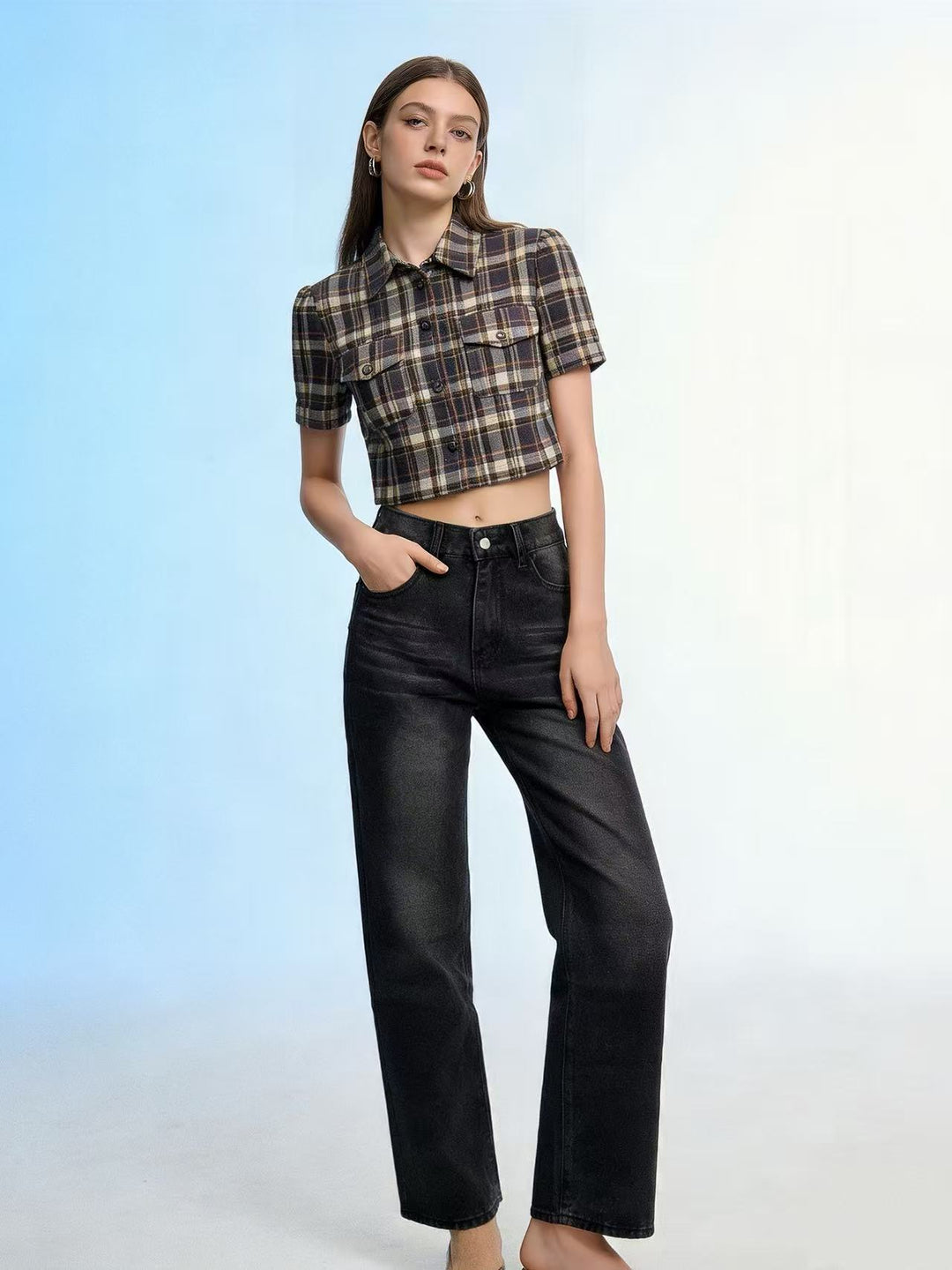 Damen nan hochgeschnittene Jeans mit schmaler Hüftpassform und weitem Schlag im Retro-Stil Echo Archiv