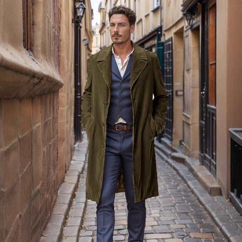 Herren eleganter Langmantel mit schmalem Schnitt und stilistischen Details Echoarchiv