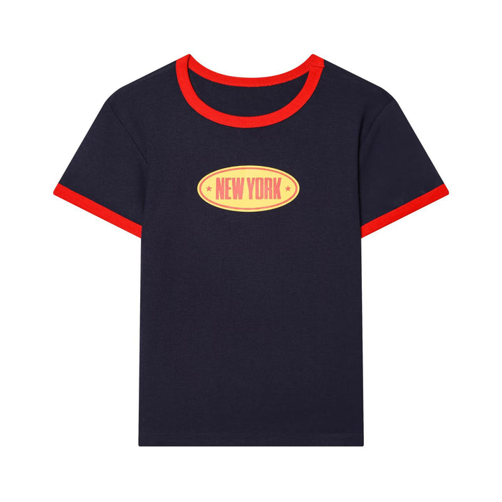 Damen Freizeit T-Shirt mit kontrastierenden Ärmeln und trendigem Schriftzug Echo Archiv