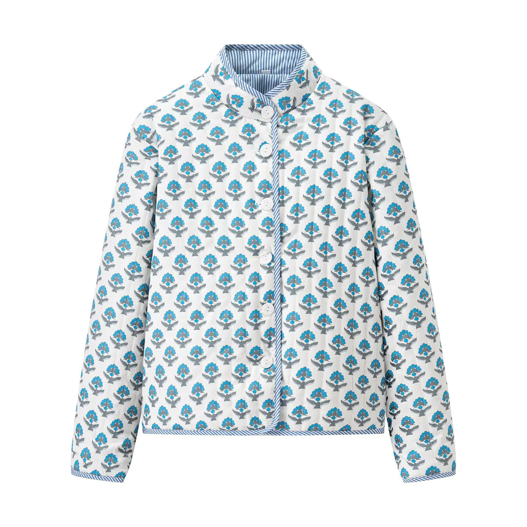 Damen leichte gesteppte Blusenjacke mit Stehkragen, Zierpaspel und floraler Allover‑Steppung – Célinea