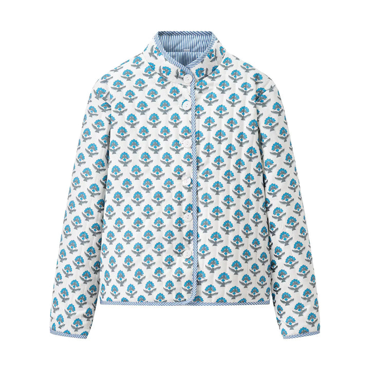 Damen leichte gesteppte Blusenjacke mit Stehkragen, Zierpaspel und floraler Allover‑Steppung – Célinea