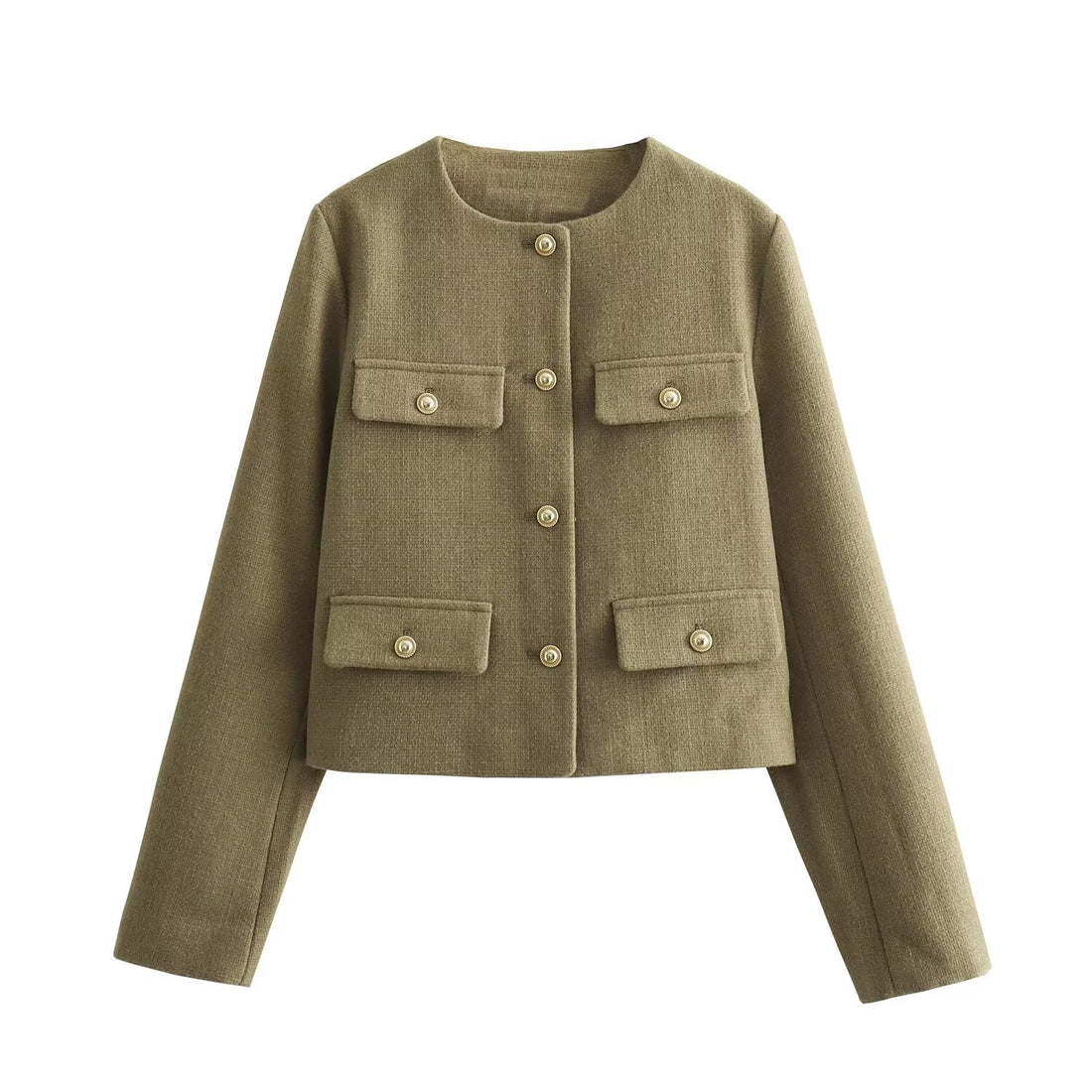 Damen Bouclé-Cropped-Jacke mit vier Pattentaschen und goldenen Schmuckknöpfen Echo Archiv