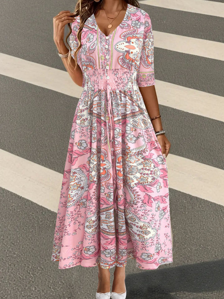 Damen Boho-Maxikleid mit V-Ausschnitt, Knopfleiste und Smokbund Echoarchiv