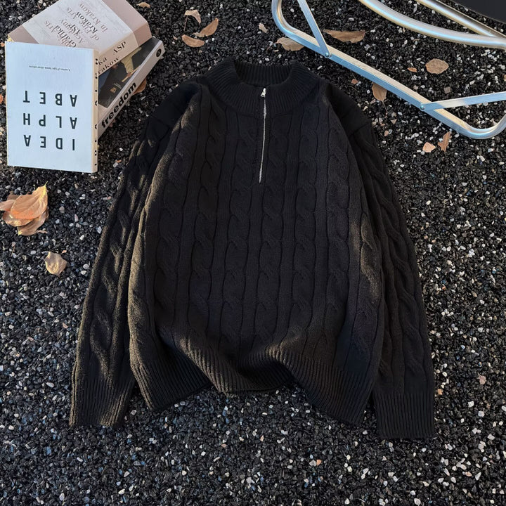 Unisex Oversize-Zopfmuster-Halbzip-Pullover mit extra hohem Rippkragen und schwerer Baumwollmischung Echoarchiv
