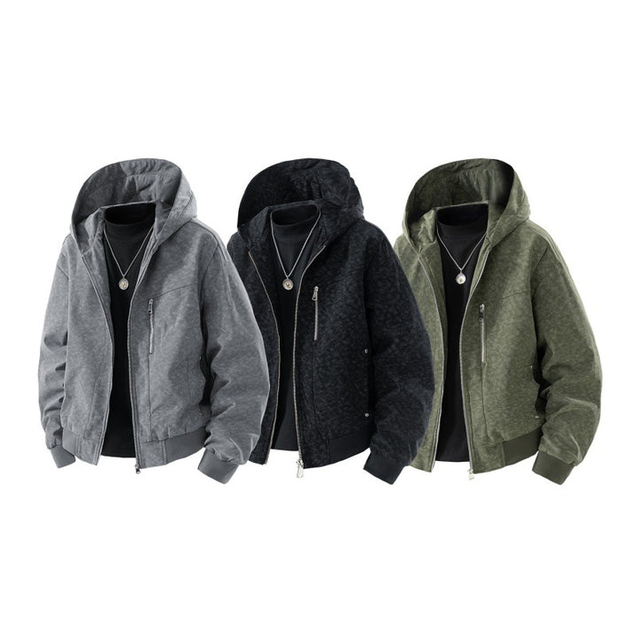 Herren-Hoodie-Blouson im Vintage-Suede-Look mit durchgehendem Reißverschluss und gerippten Bündchen – Cavarno