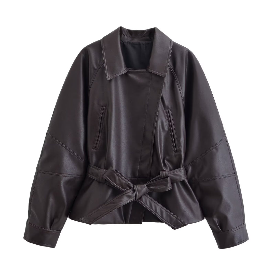 Damen Cropped-Lederoptik-Blouson mit Wickelgürtel, Oversize-Ärmeln und markanten Ziernähten Echo Archiv