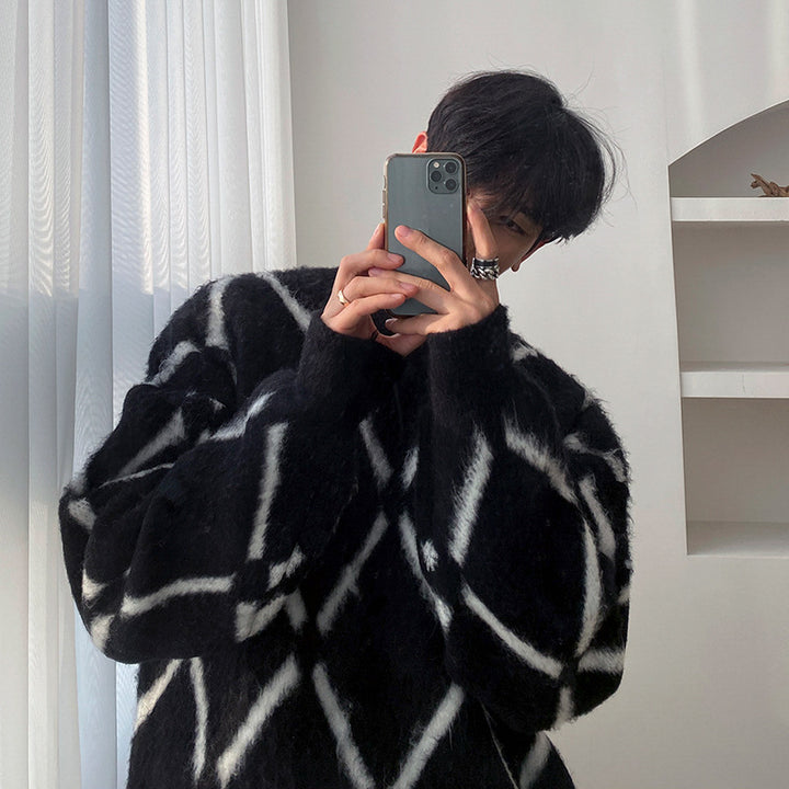 Herren Oversized Flauschiger Strickpullover mit Rautenmuster Echoarchiv