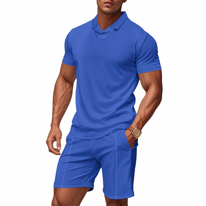 Herren nan lässiges Waffelstruktur-Freizeitset mit Reverskragen-Kurzarmshirt und elastischen Freizeitshorts Echo Archiv