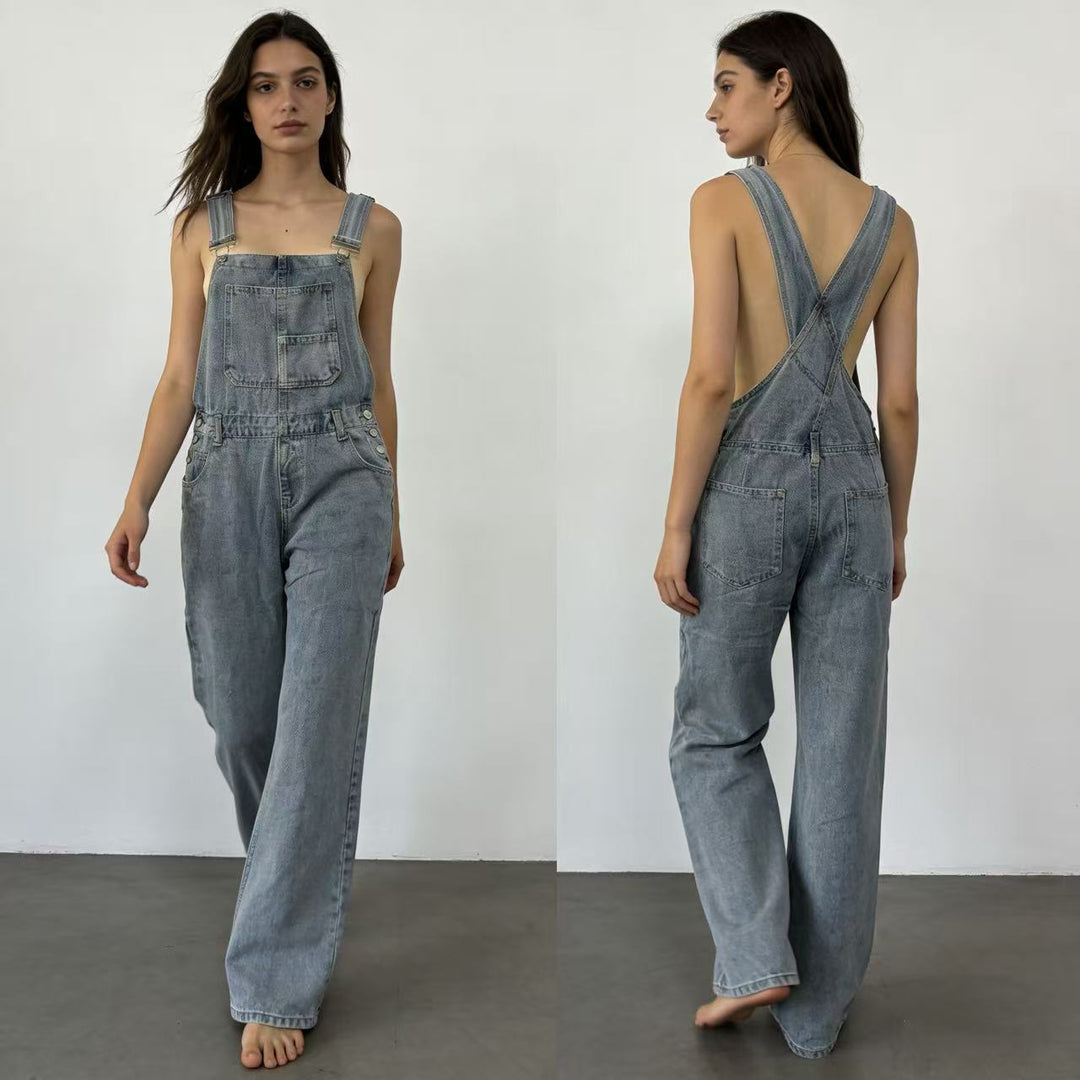 Damen nan weiche Denim-Latzhose mit weitem Bein, verstellbaren Trägern und Pattentasche Echo Archiv