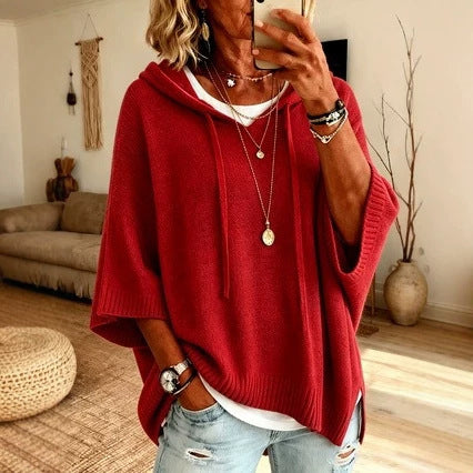 Damen Oversize Strick-Poncho mit Kapuze, Fledermausärmeln und Seitenschlitzen Echo Archiv