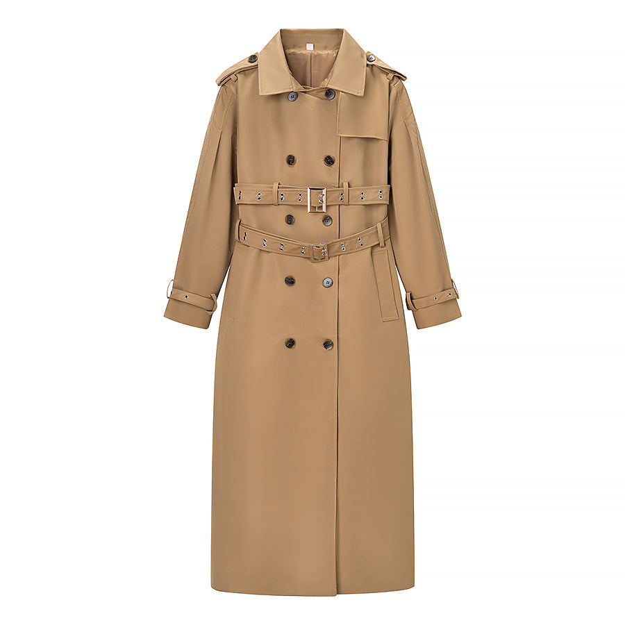 Damen Langer doppelreihiger Trenchcoat mit tailliertem Doppelgürtel, Ballonärmeln und Epauletten Echo Archiv