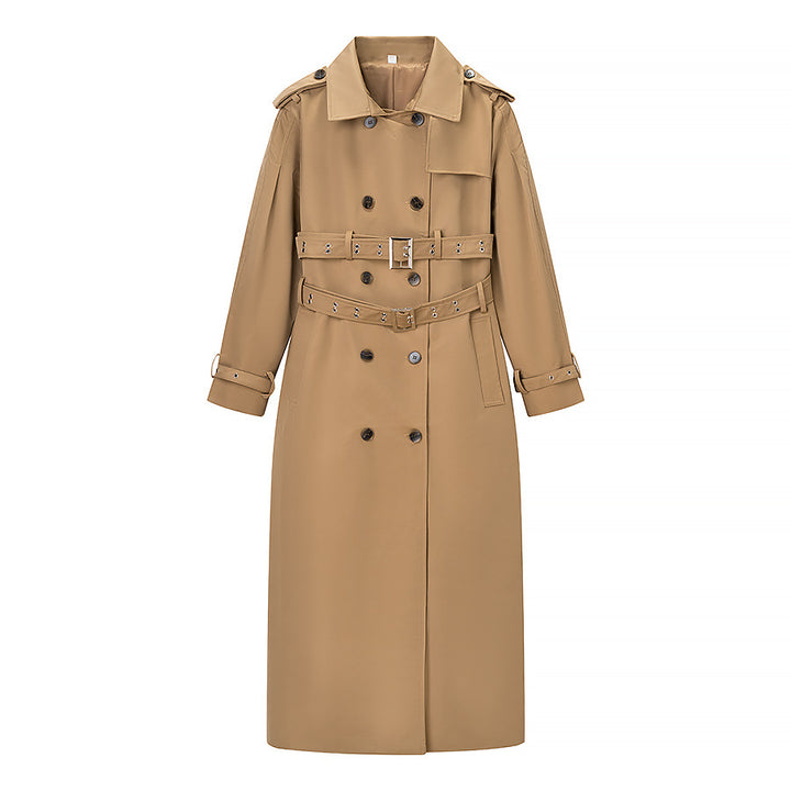 Damen Langer doppelreihiger Trenchcoat mit tailliertem Doppelgürtel, Ballonärmeln und Epauletten Echo Archiv