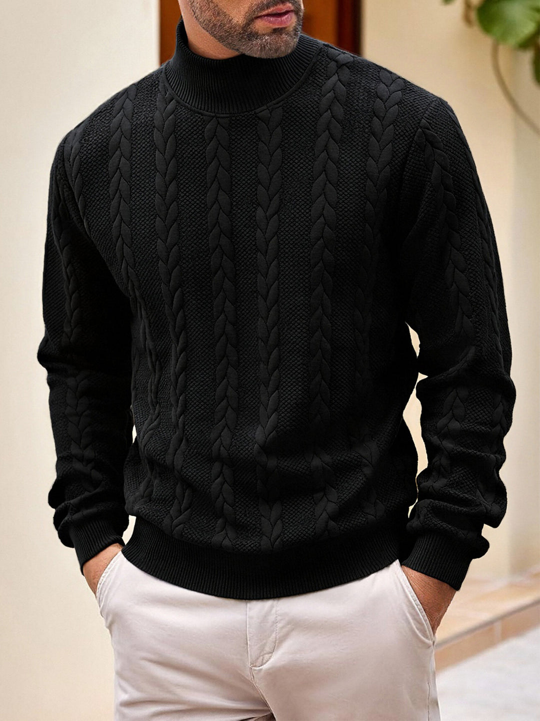 Herren grobgestrickter Zopfstrickpullover mit halbem Stehkragen und elastischen Rippbündchen – Norvane