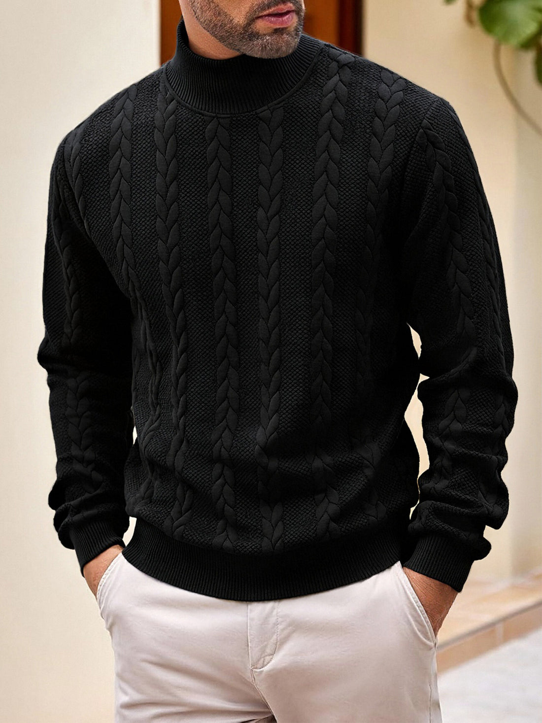 Herren grobgestrickter Zopfstrickpullover mit halbem Stehkragen und elastischen Rippbündchen – Norvane