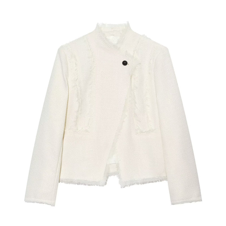 Damen Bouclé-Shortjacke mit Fransenbesatz und asymmetrischem Ein-Knopf-Verschluss Echo Archiv