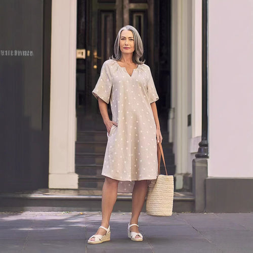 Damen nan lockeres A-Linien Leinenoptik-Kleid mit V-Ausschnitt, geraffter Schulterpartie und Eingrifftaschen Echo Archiv