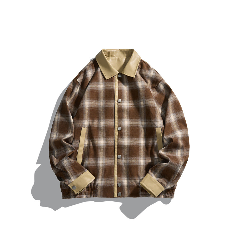 Herren Karierte Overshirt‑Jacke aus Flanell mit Kunstleder‑Details und Druckknopfleiste Echoarchiv