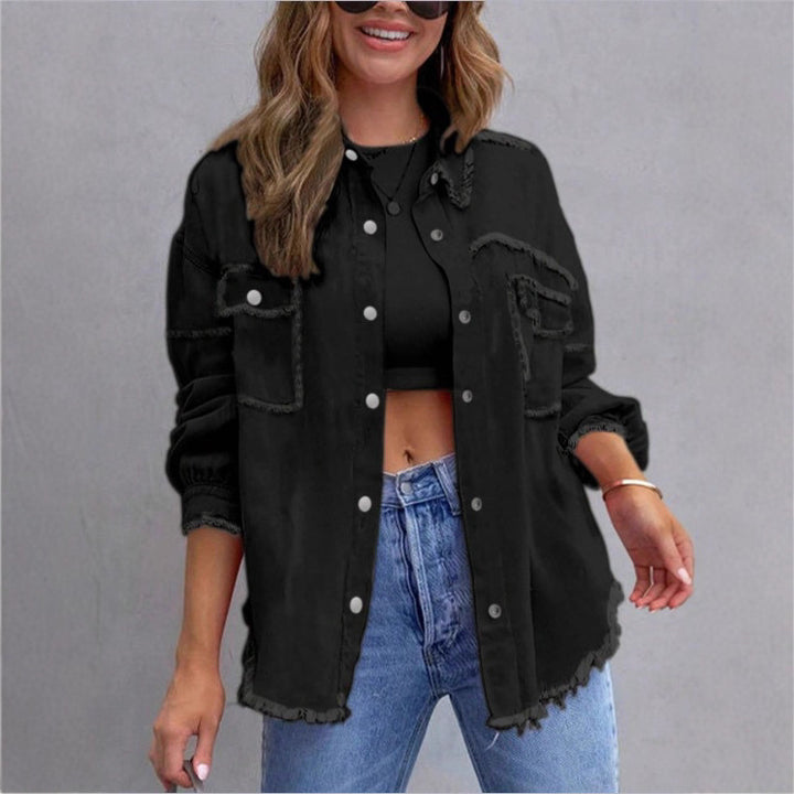 Damen Oversize-Denim-Utility-Hemdjacke mit ausgefransten Kanten und Pattentaschen Echo Archiv