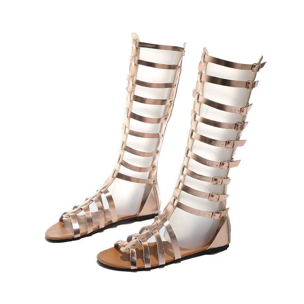 Damen Kniehohe Römersandalen mit mehreren Schnallen und flacher Komfortsohle – Sorelia