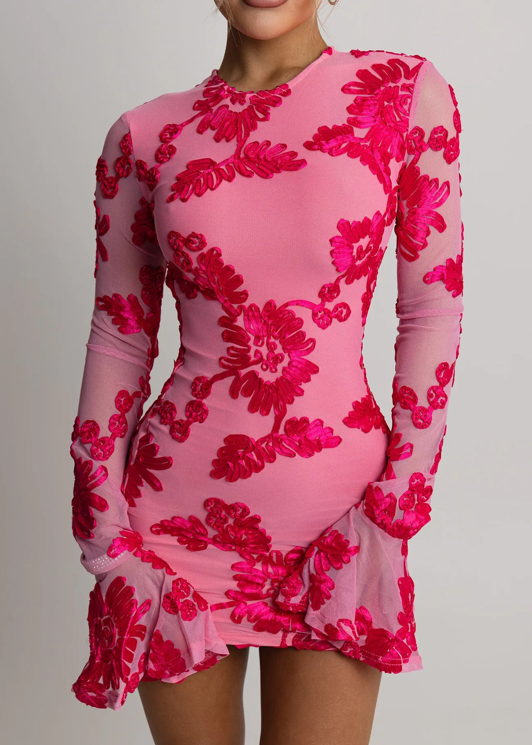 Damen Figurnahes Spitzenkleid mit floralen Applikationen und langen Ärmeln Echo Archiv