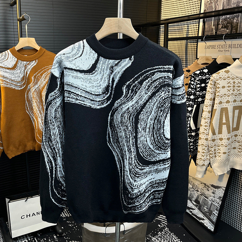 Herren Grobgestrickter Rundhalspullover mit abstraktem Marmor-Jacquard Echoarchiv