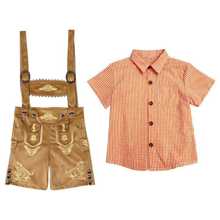 Unisex nan traditionelles Kinder Trachten-Set Lederhose mit Stickerei und kariertem Hemd Echo Archiv
