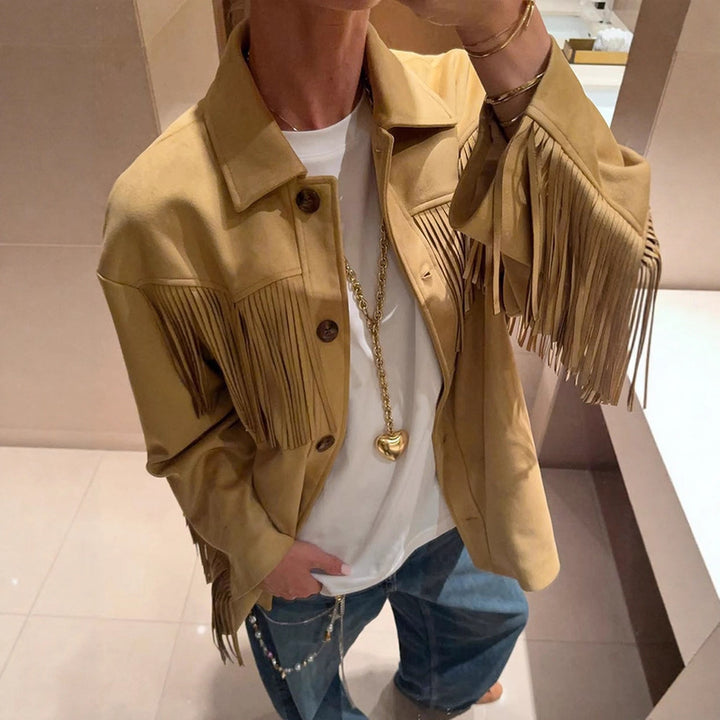 Damen Oversize Fransenjacke im Westernstil aus Veloursleder-Optik mit Hemdkragen Echoarchiv
