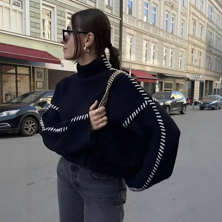 Damen nan Grobstrick-Oversize-Pullover mit hoher Rollkragenkante und Zierstich-Ärmeln Echo Archiv