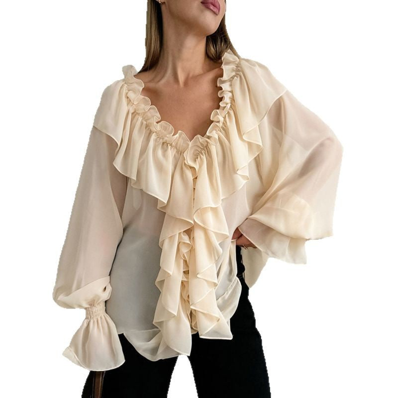 Damen Luftige Rüschenbluse aus Chiffon mit Oversize-Schnitten Echoarchiv