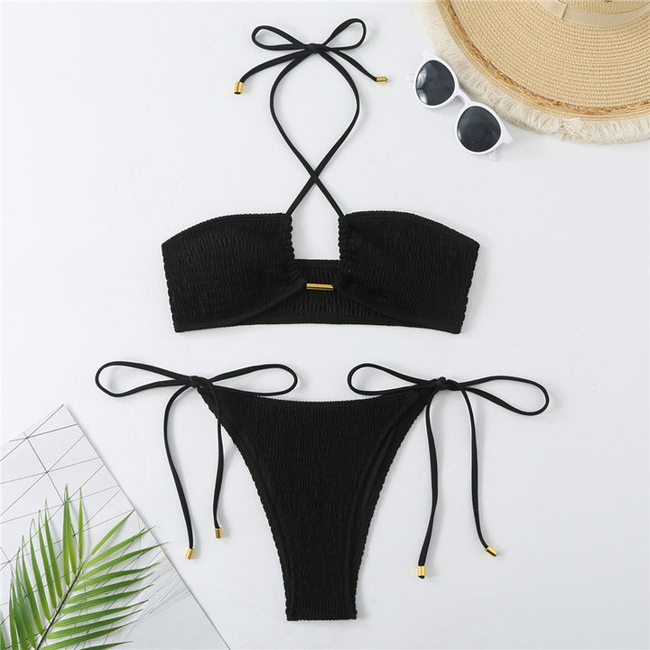 Damen Bikini-Set mit gerafftem Bandeau-Oberteil und hoch geschnittenen Höschen Echo Archiv