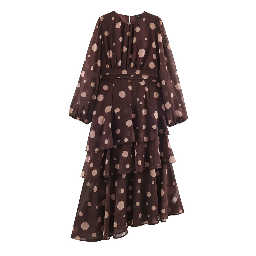 Damen Stufiges Chiffon‑Midikleid mit Volants, transparenten Ballonärmeln und Tupfenprint Echoarchiv