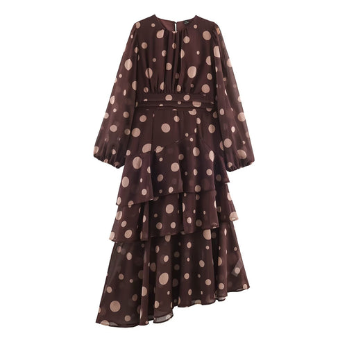 Damen Stufiges Chiffon‑Midikleid mit Volants, transparenten Ballonärmeln und Tupfenprint Echoarchiv